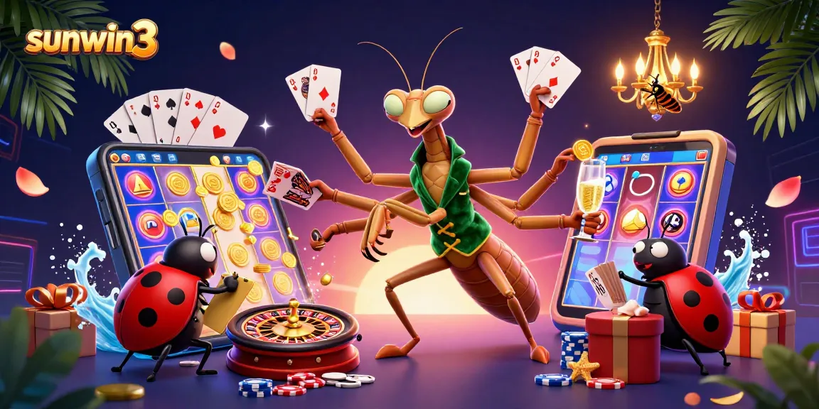 Experience the vibrant excitement of sunwin3 with a giant praying mantis card sharp amidst 3D casino delights.
