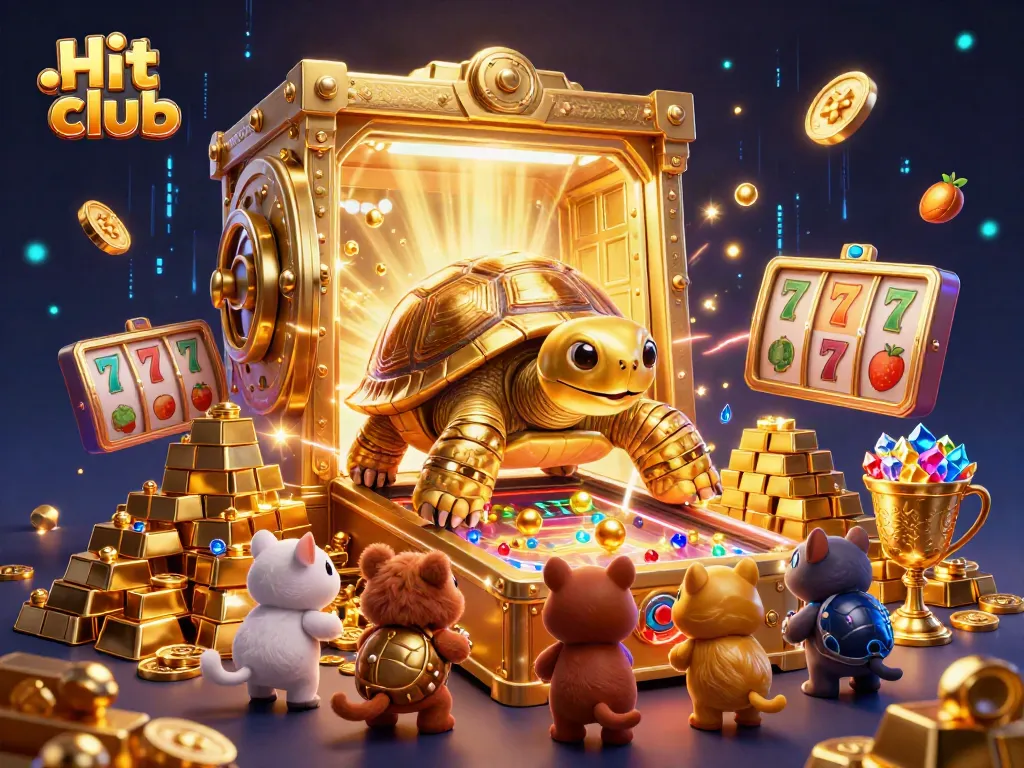 Engage in fun gaming action at Hit club, featuring golden tortoise pinball machine and slot elements.