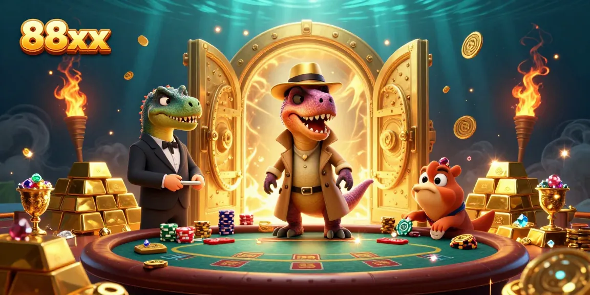 Experience the thrill of 88xx as a velociraptor card counter plays blackjack in a vibrant casino scene.