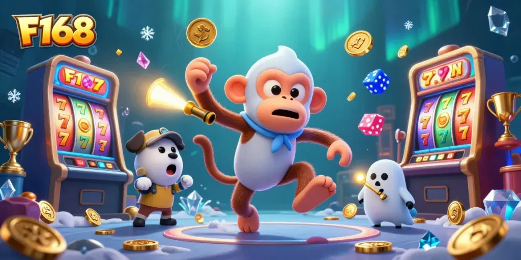 Experience the excitement of F168 casino with a playful poltergeist monkey and a curious puppy in a dynamic gaming scene.