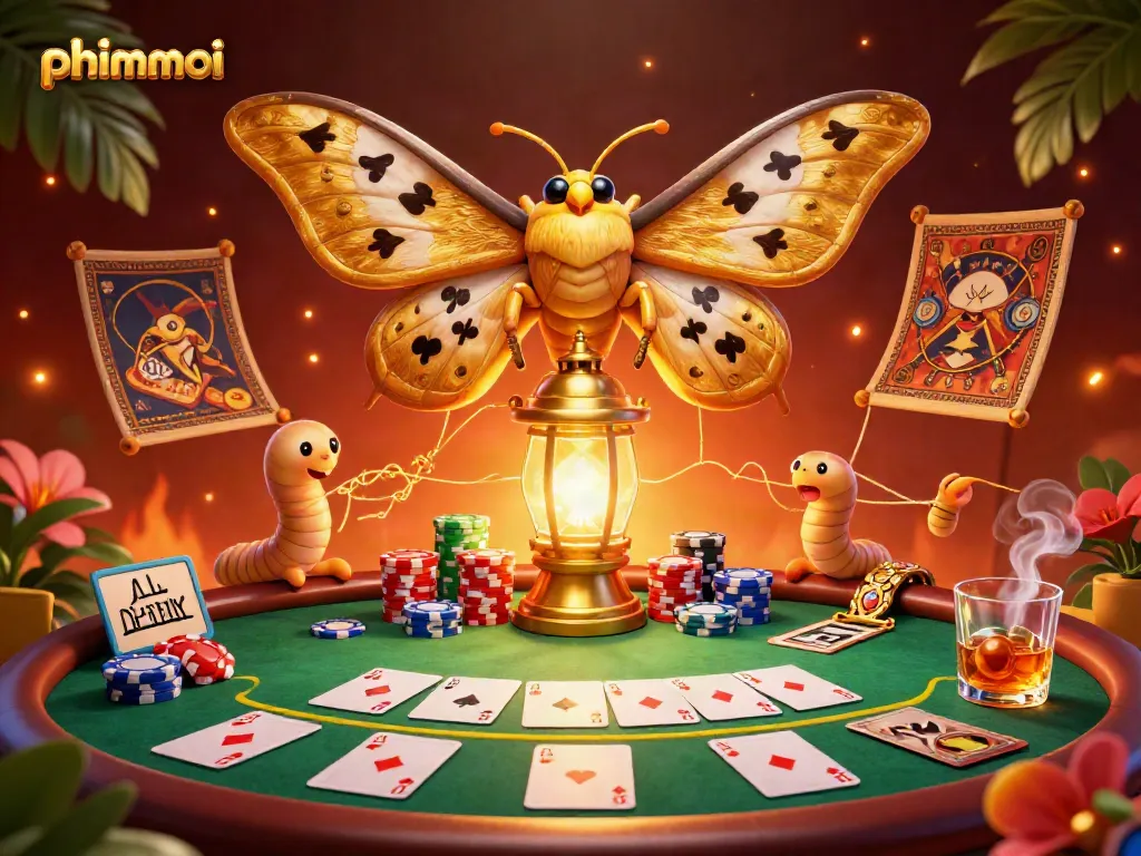 Engage with phimmoi's vibrant casino scene featuring a majestic moth and a lively poker setting.