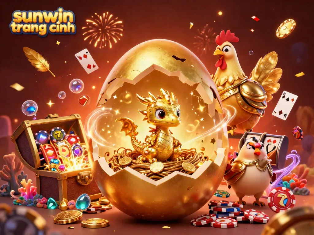 Experience sunwin trang chính with dazzling golden dragon amid sparkles and playful poker elements.