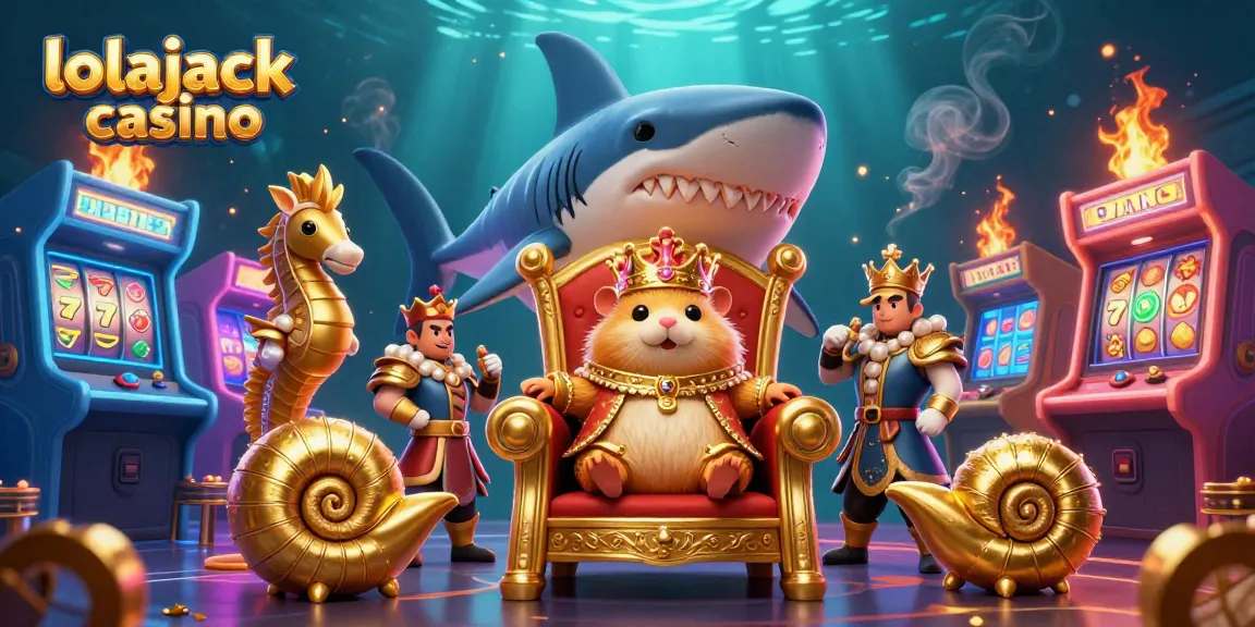 Experience the thrill of lolajack casino with a dynamic 3D scene featuring a golden hamster king and vibrant slot elements.