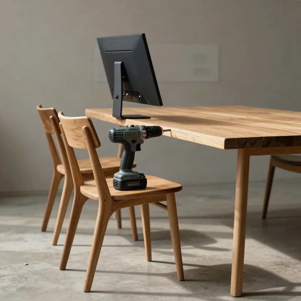 Veilingopstelling met stoelen, boormachine, monitor en eiken blad in dramatisch licht.