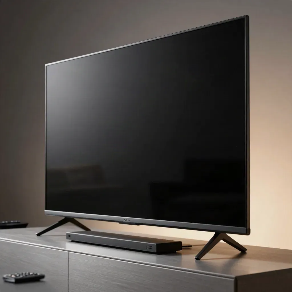 Zwarte 55-inch tv met dunne rand, glasglans en warme oranje lichtreflectie op slate.