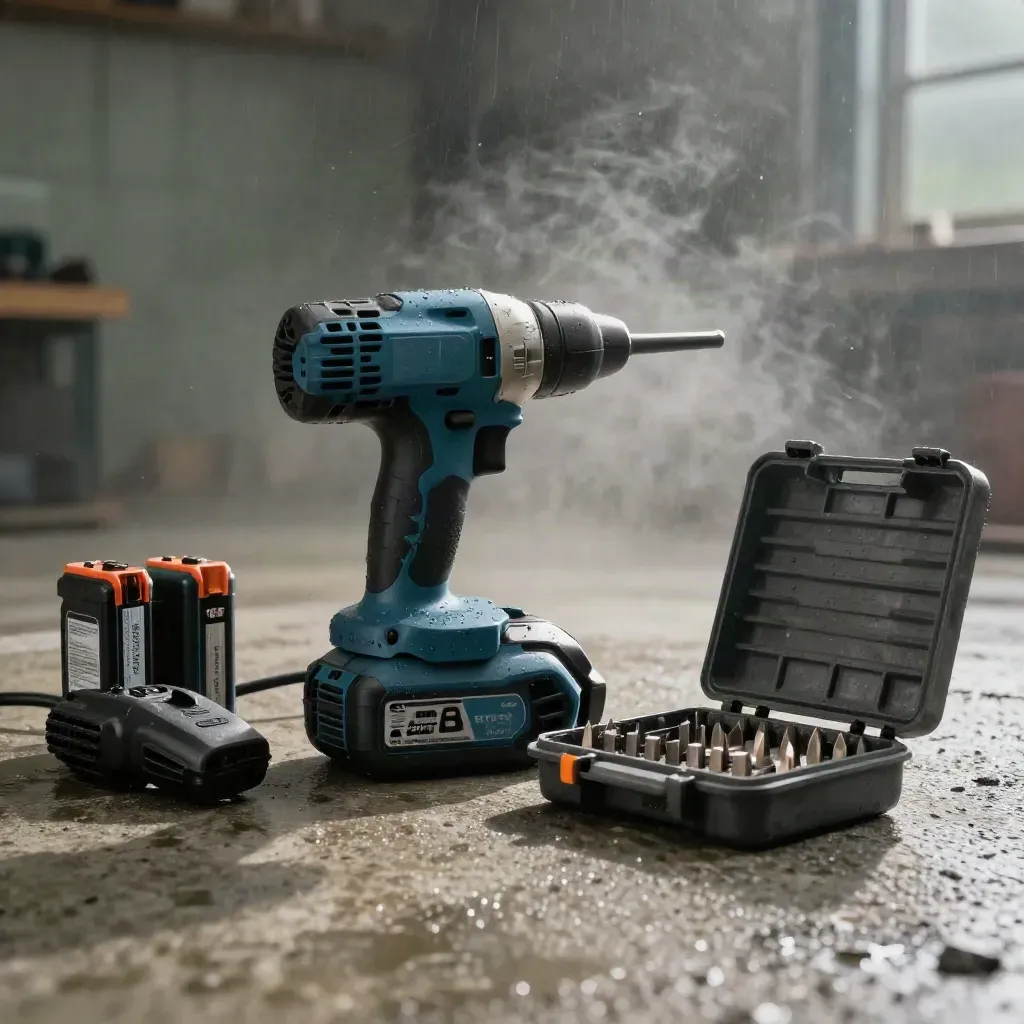 Boorset met accuboormachine, accu’s, lader en bitset op nat beton in studio-opstelling.