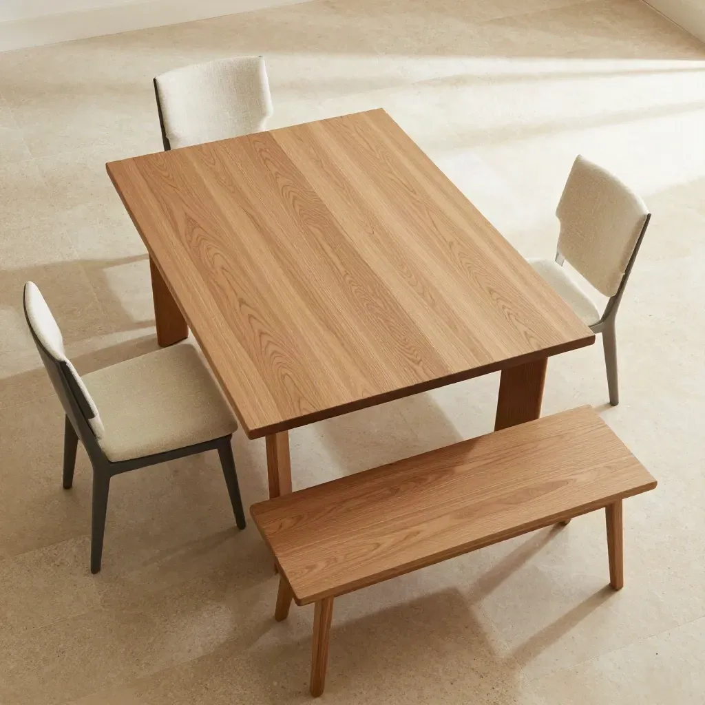 Houten eettafelset met vier stoelen en bankje, van boven op lichte steen uitgestald.