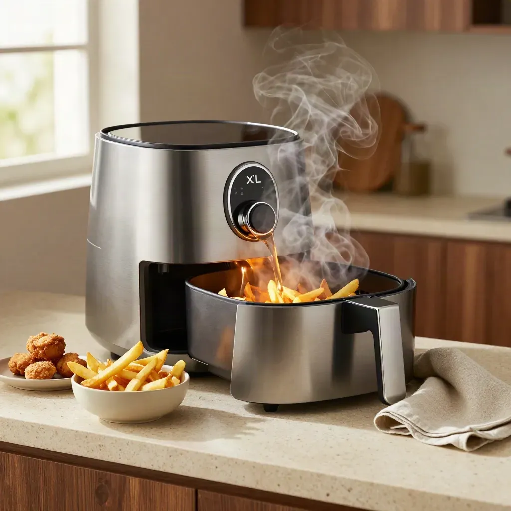 XL-airfryer met open mand, stoom en frietjes op een travertijnen aanrecht.
