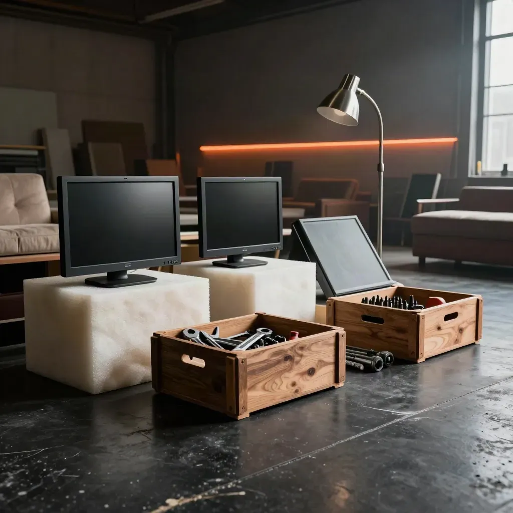 Dramatische veilingvloer met meubels, monitors, lampen en een kist vol gereedschap op donkere vloer.