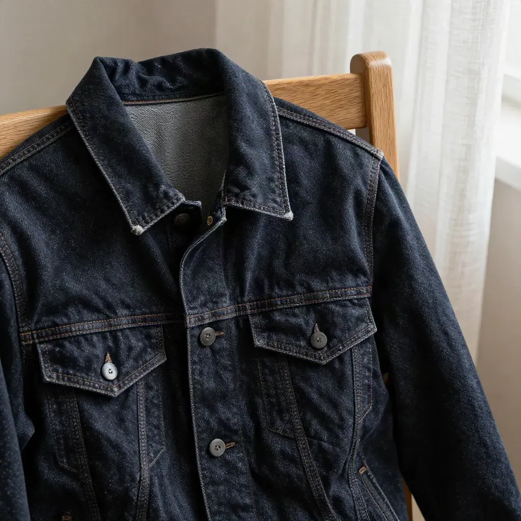Donkerblauwe denim jas over een houten stoel in koel, zacht licht