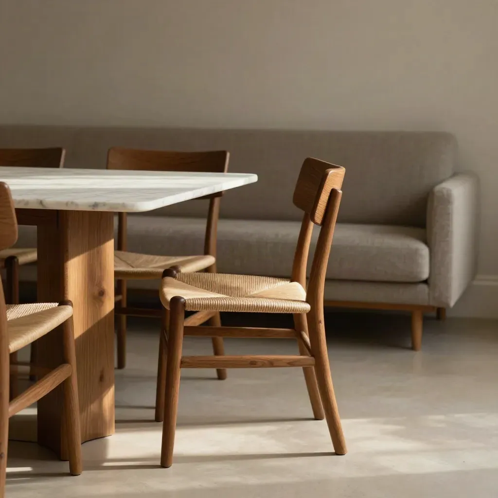 Warme eetkamer met houten stoelen, marmeren tafel en zachte bank op de achtergrond.