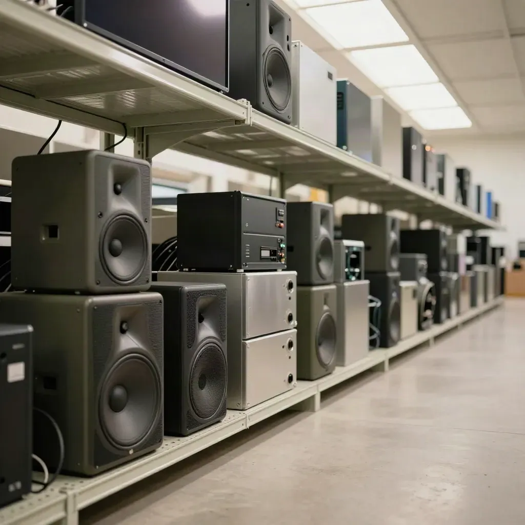 Magazijn met elektronica op stellingen en rustige betonnen vloer in koel licht