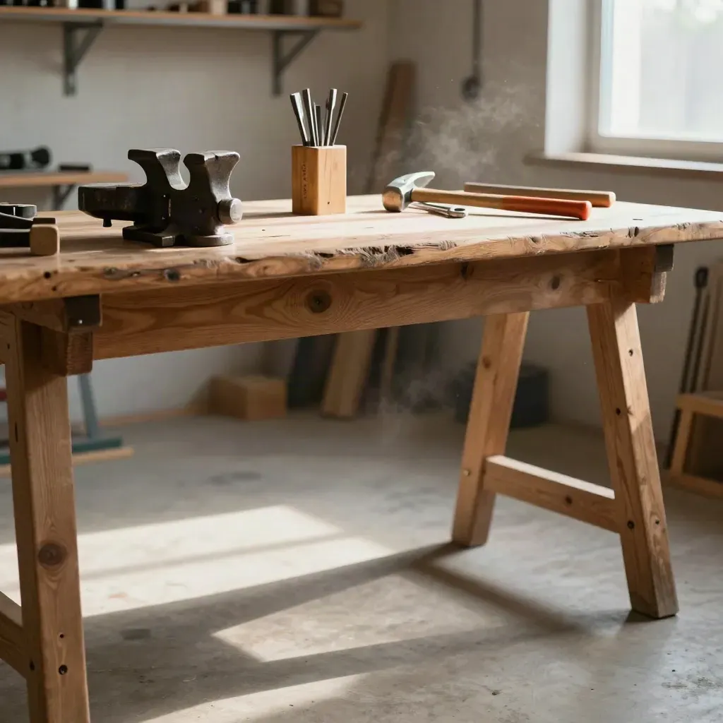 Werkplaats met gereedschap op ruwe werkbank, ochtendlicht en rustige copyruimte onderin.
