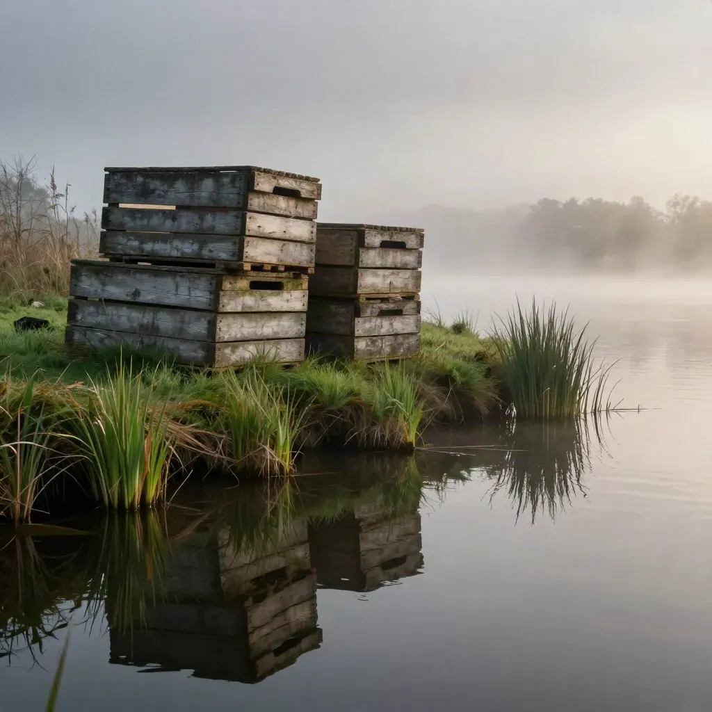 Oude houten kisten en planken langs mistig water, met kalme open ruimte onderin.