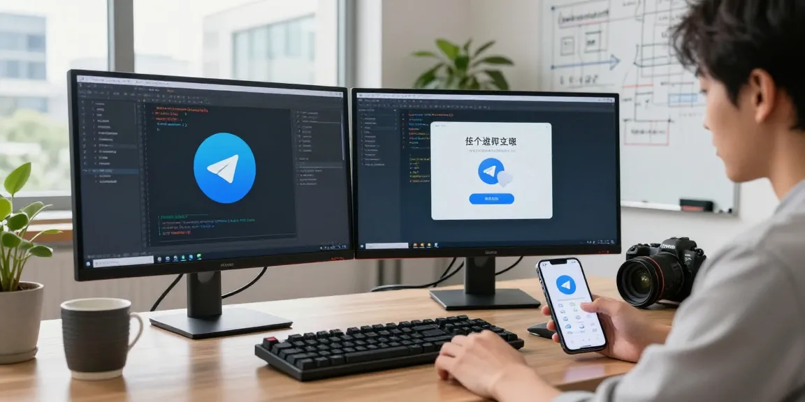 Telegram Chinese Version setup on modern desktop with language pack configuration and active tech environment.