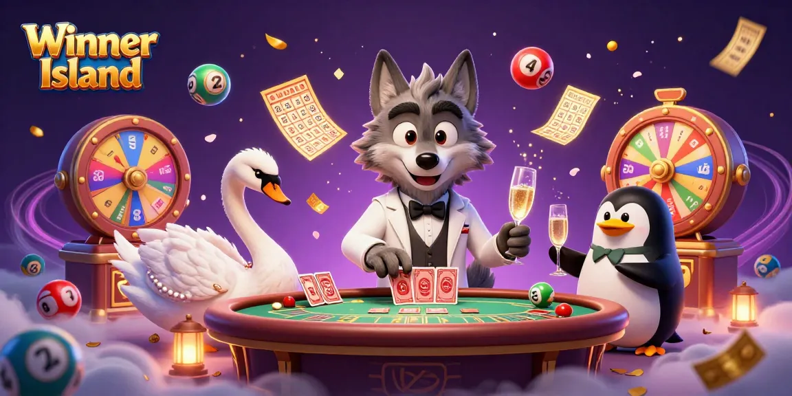 Experience the excitement of Winner Island Casino with vibrant characters and game elements around an upscale gambling scene.