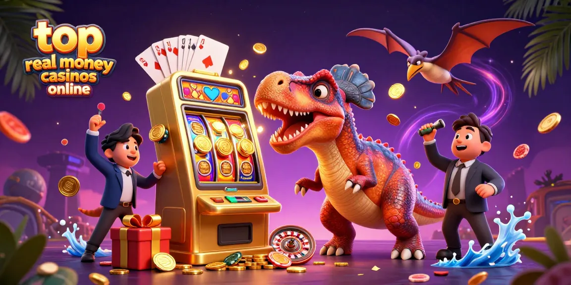Engage with top real money casinos online as a pachycephalosaurus wins a jackpot and coins fly, lively casino scene